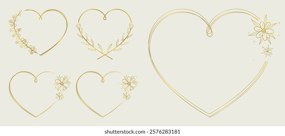 Vintage Gold Floral Heart Frames: Hand-Drawn Roses, Laurel Wreaths, and Metal Heart Designs. Perfect for Wedding Invitations, Valentine’s Day Cards, Holiday Decor, and Elegant Romantic Projects