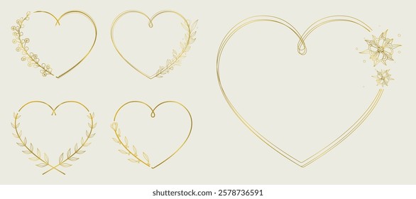 Vintage Gold Floral Heart Frames: Hand-Drawn Roses, Laurel Wreaths, and Metal Heart Designs. Perfect for Wedding Invitations, Valentine’s Day Cards, Holiday Decor, and Elegant Romantic Projects