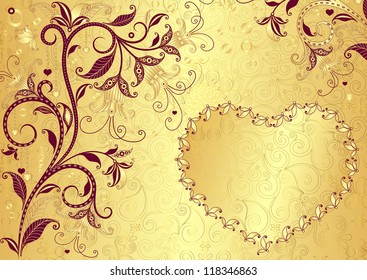 Vintage gold floral valentine background with gold heart (vector)