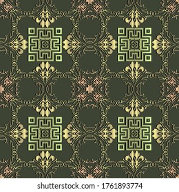 Vintage gold floral vector seamless pattern. Dark green ornamental Baroque style background. Repeat ornate backdrop. Vintage golden flowers, leaves, lines, frames. Greek key meanders modern ornaments.