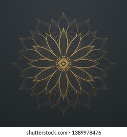 Vintage Gold Flower Abstract Mandala Line Art Lace Pattern. on black background. Vector illustration