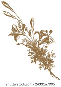 Vintage Gold Flowers and Plants. Hand Engraved Retro Botanical Line Artwork. Botanical Herbs Collection. Vector Set of Hand Drawn Summer Florals, Herbs, Weeds and Meadows. Vintage plants illustration.