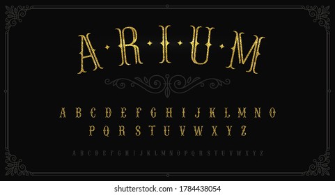 Vintage gold font. Vintage typeface for labels, logo, headline, advertising, signboard. Latin alphabet in retro  style. Old fashioned typeset. Glitter gold letters. Vector illustration.