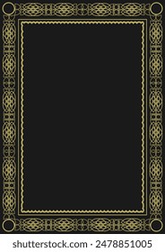 Klassischer Goldrahmen A4-Format mit originellem Ornament im Art-Deco-Stil. Version 11. Schwarzer Hintergrund. Vektorillustration