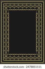 Vintage gold frame A4 format with original ornament in art deco style. Version 7. Black background. Vector illustration