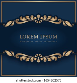Vintage gold frame with border scroll pattern on dark blue background. Antique golden label in baroque style. Elegant vector decoration for gift card or packaging design. Place for text.