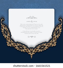 Vintage gold frame with border scroll pattern on dark blue background. Neckline embroidery ornament. Elegant vector background for wedding invitation or save the date card design. Place for text. 