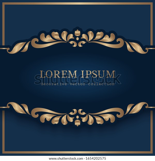 Vintage gold frame with border scroll pattern on\
dark blue background. Antique golden label in baroque style.\
Elegant vector decoration for gift card or packaging design. Place\
for text.