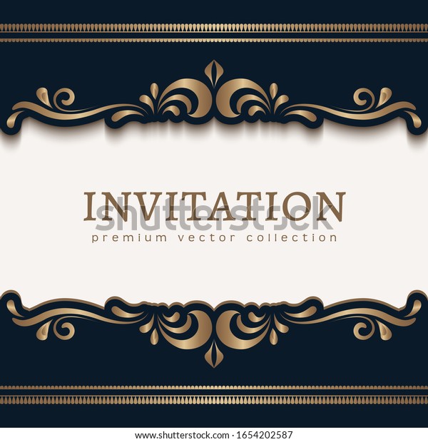 Vintage\
gold frame with border scroll pattern on dark blue background.\
Swirly golden label in baroque style. Elegant vector decoration for\
gift card or packaging design. Place for\
text.