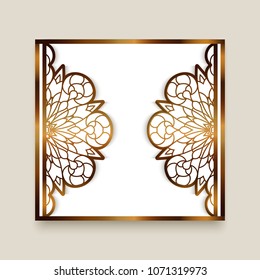 Vintage gold frame with cutout paper border, elegant lace pattern for laser cutting, ornamental golden decoration, vector greeting card or wedding invitation template, eps10