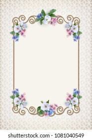 Vintage gold frame. Decorative retro border and flowers. Luxury wedding background