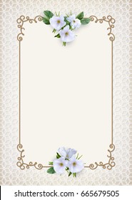 Vintage gold frame. Decorative retro border and white flowers. Luxury wedding background