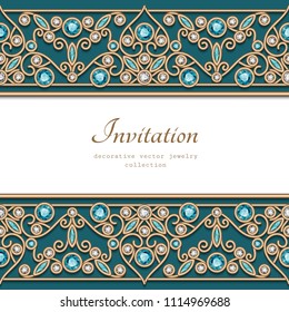 Vintage gold frame with diamond jewelry border pattern, filigree vector decoration for wedding invitation or save the date card design, eps10