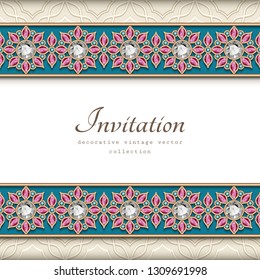 Vintage gold frame with diamond jewelry border pattern on ornamental background, filigree vector decoration for wedding invitation or save the date card design