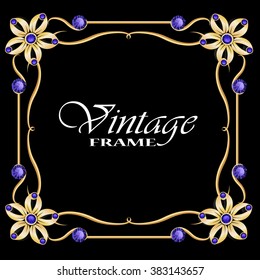 Vintage gold frame with diamond. Gold jewelry frame. Vector frame. Vintage element. Vintage design. Can use for greeting card or invitation template, advertising or your idea. Vector illustration