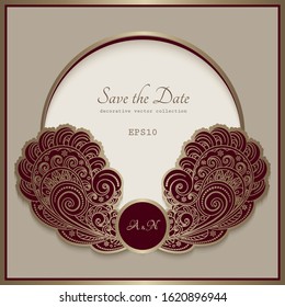 Vintage gold frame with filigree swirly pattern in shape of floral basket on beige background. Elegant vector decoration for packaging design, wedding invitation or save the date card. Place for text