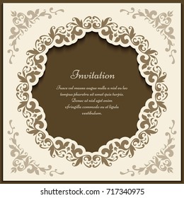 Vintage gold frame with floral corner patterns and round cutout border ornament, vector packaging design, ornate gift card or wedding invitation template, eps10