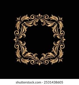 Vintage gold frame with floral ornament on black background. Vector illustration.