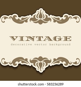Vintage gold frame with flourish decoration and cutout paper border, vector announcement or wedding invitation card template, eps10
