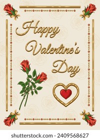 Vintage gold frame with heart, roses, golden rails, copy space on beige textured background. Valentines Day holiday. Template for greeting card, menu, poster, invitation, prints Letter paper size