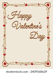 Vintage gold frame with heart, roses, golden jewelry chains, copy space on white background. Valentines Day holiday. Template for greeting card, menu, poster, invitation, prints Letter paper size
