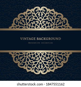 Vintage gold frame with lace border pattern on ornamental background. Elegant decoration for wedding invitation or greeting card design. Vector template for laser cutting. Place for text.