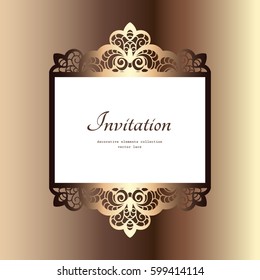 Vintage gold frame with lace borders, filigree vector vignette, golden flourish decoration, greeting card or invitation design