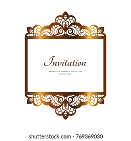 Vintage gold frame with lace borders, filigree vector vignette, golden flourish decoration, greeting card or invitation design