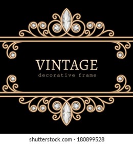 Vintage gold frame on black, vector jewelry background, eps10