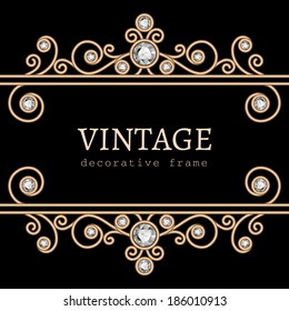 Vintage gold frame on black, vector jewelry background, eps10