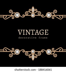 Vintage gold frame on black, vector jewelry background, eps10