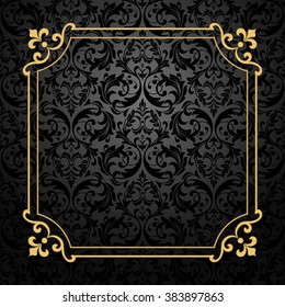 Vintage gold frame on the black background. Damascus antique vector ornament. Seamless abstract floral pattern.