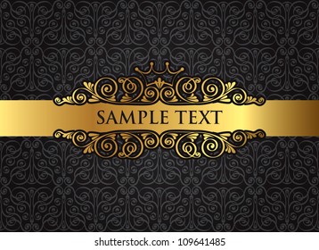Vintage gold frame on damask black background, vector illustration
