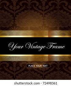 Vintage gold frame on red floral background. Vector illustration.