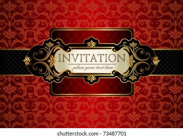 Vintage gold frame on red floral background. Vector illustration.