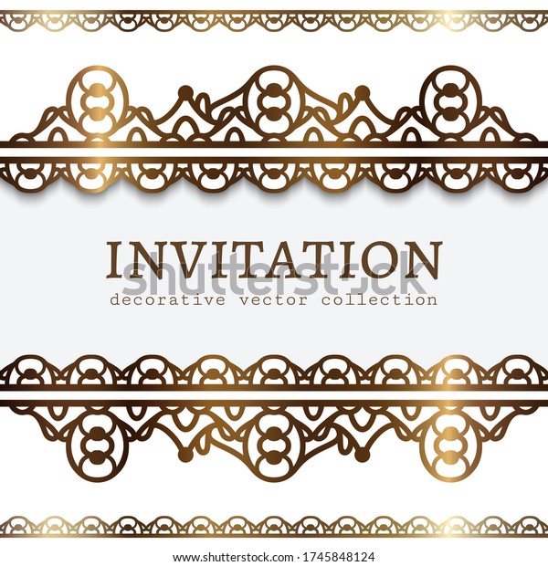 Vintage gold frame with
ornamental borders. Vector template for laser cutting. Elegant
golden decoration for wedding invitation card design. Place for
text.