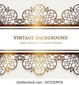 Vintage gold frame with ornamental lace border pattern, filigree line art label, golden vector decoration for laser cutting, elegant wedding invitation card template, eps10