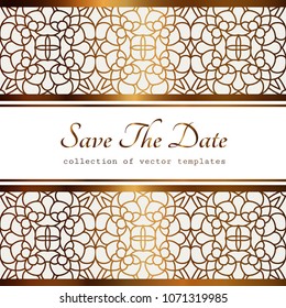 Vintage gold frame with ornamental lace border pattern, filigree line art label, golden vector background, elegant save the date or wedding invitation card template