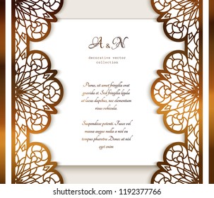 Vintage gold frame with ornamental lace borders and place for text, golden lacy decoration, vector wedding invitation card template