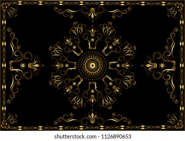 Vintage gold frame from patterns with twisted  calligraphy stripes and crowns on black background

