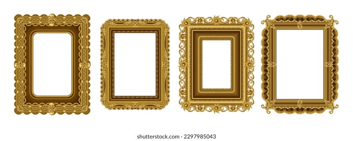 Vintage gold frame, realistic square picture. Royal antique decoration for photo, old golden borders, luxury thai or rococo ornate. Museum exhibition, retro framework vector exact isolated design