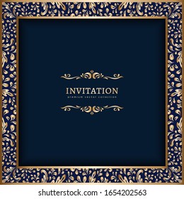 Vintage gold frame with scroll border pattern. Golden square decoration on dark blue background. Ornamental photo frame design. Place for text. Vector illustration.