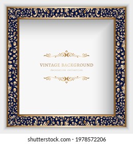 Vintage gold frame with scroll border pattern. Golden square decoration on white background. Ornamental picture frame design. Place for text. Vector illustration.