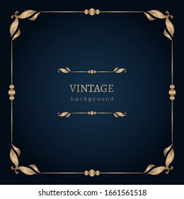 Vintage gold frame with scroll corner patterns. Golden square decoration on dark blue background. Book cover of certificate design. Place for text. Vector illustration.