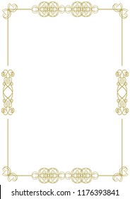 Vintage gold frame with various elements on a white background. Vector illustration