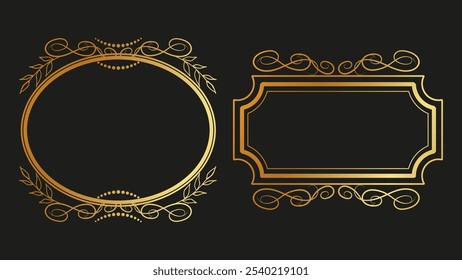 Vintage gold frames dark background swirls lines. For book covers and classy invitations. Vector illustration.