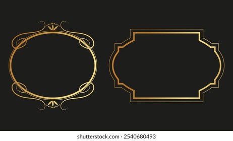 Vintage gold frames dark background swirls lines. Sophistication and style. For book covers, magazines, postcards, invitations, certificates, business cards. Vector illustration.