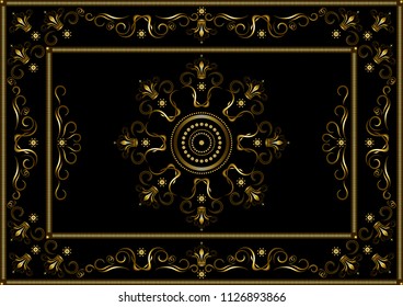  Vintage gold frames from dotted stripes, with pattern on border of gold twisted stripes and crowns on black background