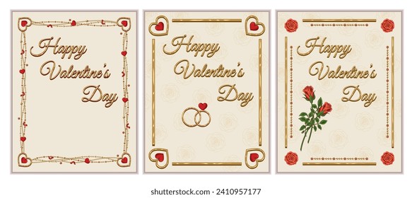 Vintage gold frames with heart, roses, golden jewelry chains, copy space on white background. Valentines Day holiday. Template for greeting card, menu, poster, invitation, prints Letter paper size