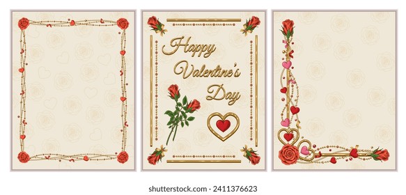 Vintage gold frames with heart, roses, golden jewelry chains, copy space on white background. Valentines Day holiday. Template for greeting card, menu, poster, invitation, prints Letter paper size